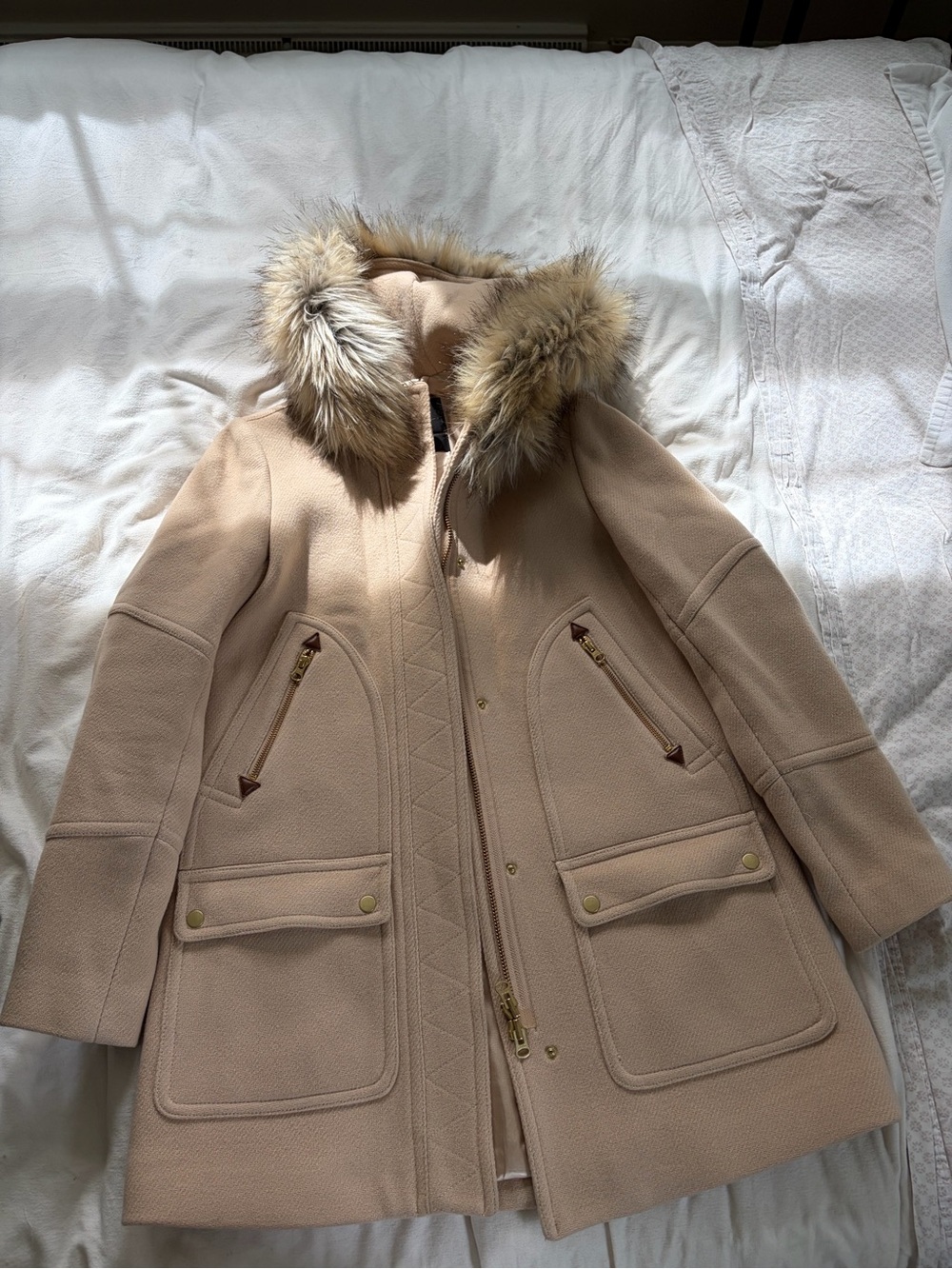 J. Crew Cream Wool-Blend Pea Coat with Fur-Trimmed Hood